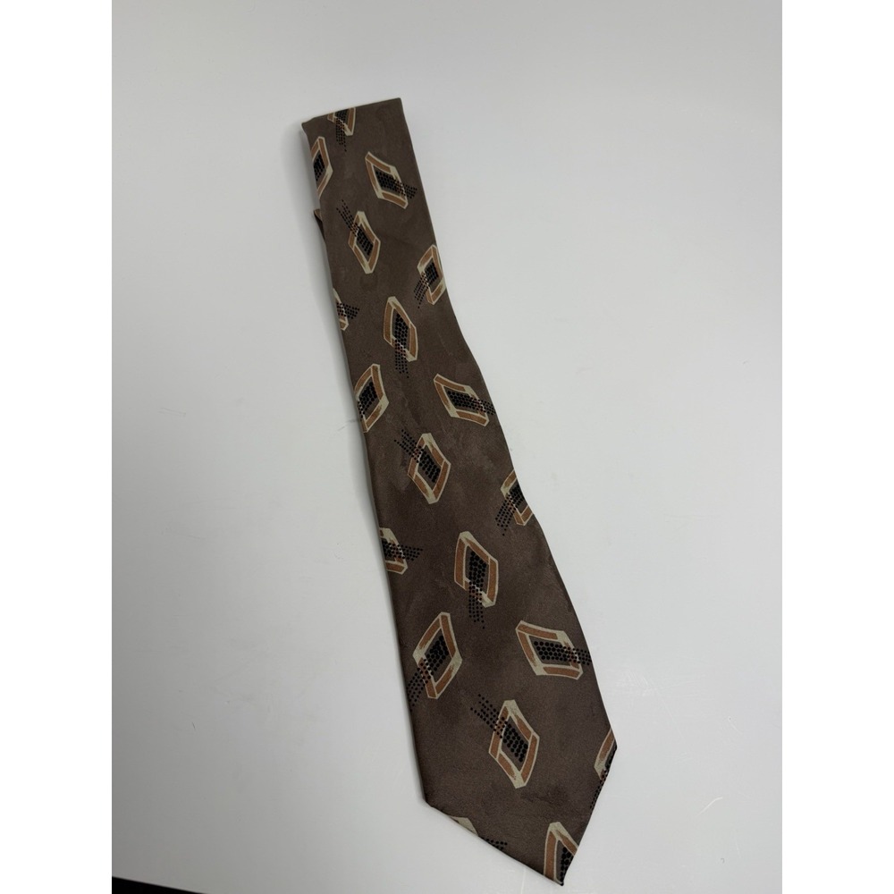 VTG Gianni Versace Silk Tie Men Brown Beige Geometric Diamond Pattern, 57"